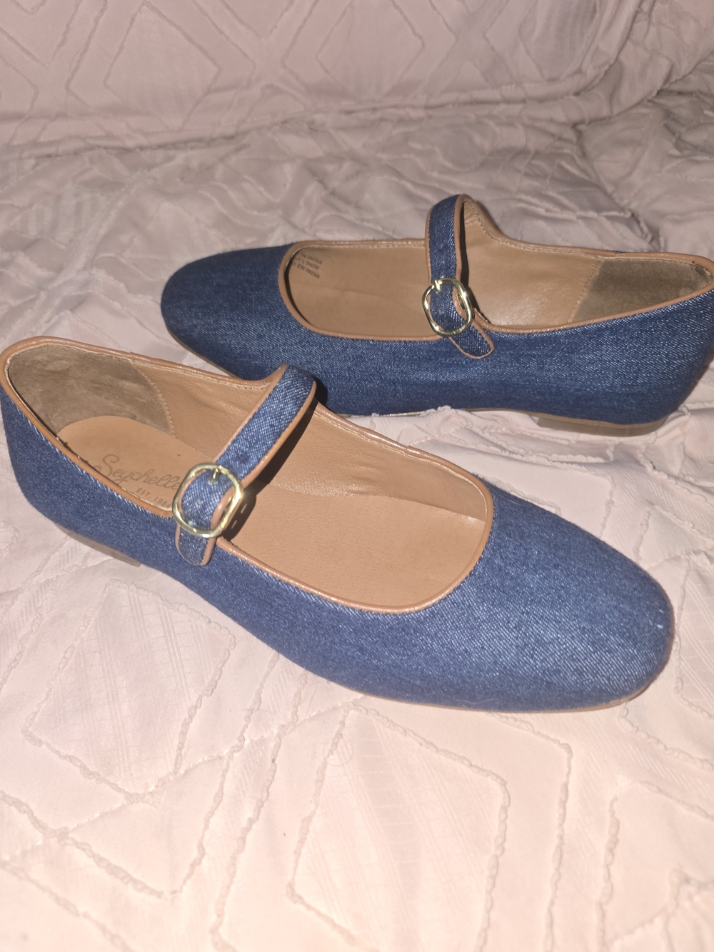 Seychelles Blue Denim Mary Jane Flats with Gold Buckle